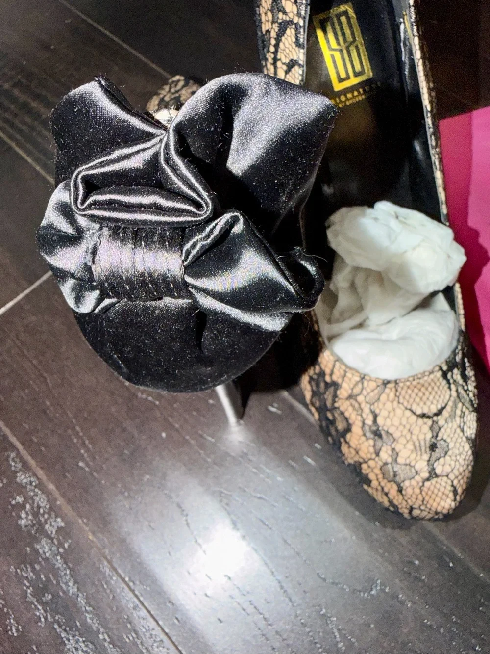 Shoe Dazzle Blanka Black Lace-Pump with Satin Rosette + signature pink bottom